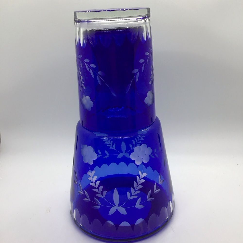 Czech Cobalt Glass Cut to Clear Bedside Carafe